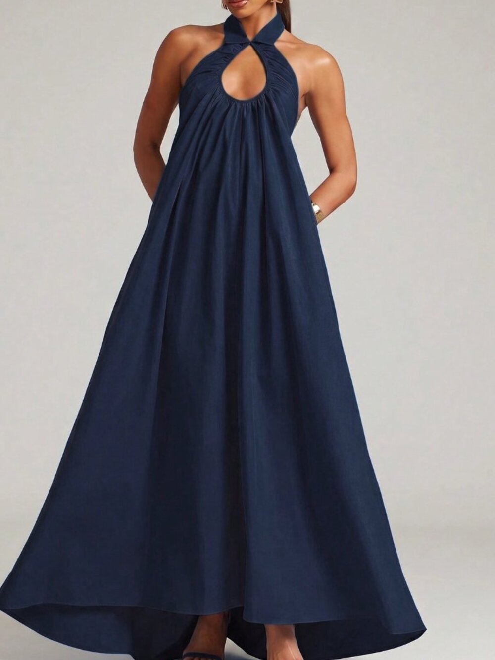 Navy Blue Elegant Women's Halter Neck Backless Ruched Casual Party Dress - Picture 4 of 6